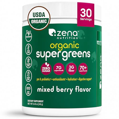 Zena Nutrition Organic Super Greens Powder, 70+ Superfoods, 0 Sugar, 3G Fiber, Spirulina, Chlorella, Antioxidants, Prebiotics/Probiotics, Digestive Enzymes, Mixed Berry, 30 Servings