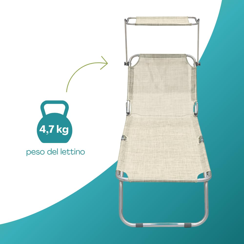 VIRSUS Lettino Prendisole Pieghevole 180x55x90 cm Textilene Metallo Tubolare 18mm Peso Max 120kg Beige