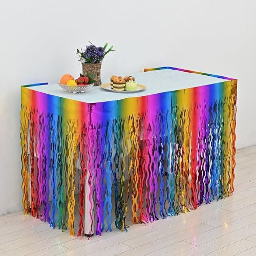 2 Pack Metallic Tinsel Foil Fringe Table Skirts, Oirznnd Wavy Rainbow Fiesta Party Decorations for Birthday Party Event Wedding Christmas Parade Floats Bridal Shower Halloween Unicorn Trial Wedding