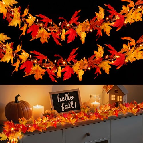 BlcTec Fall Decorations for Home 18 FT Battery Operated Fall Garland with Lights 100 LED Orange Bulbs, 12 Pumpkins, 8 Lighting Modes, Lighted Fall Leaves Garland for Harvest Thanksgiving Decorations