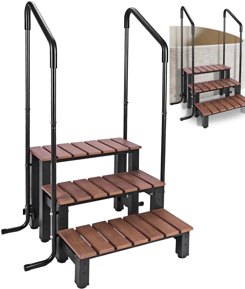 Errzom 3 Steps RV Steps with Handrail, Hot Tub Steps, Outdoor Steps, Spa Steps Hot Tub with Handrail, Pool Stairs Above Ground, 250kg Capacity