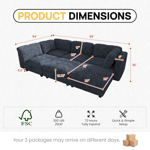 Image of 99 inch Modular Sectional Chenille Sofa bed with Hidden Storage, Comfy Modern 6 Seater Oversized Deep Seat Couch, Modular Sectional with Ottoman and Removable Cover for Living Room, Apartment, Black