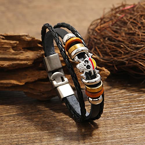 Punk Piece Skull Leather Bracelets for Men, Anime Style Black Braided Bracelets Luffy Handmade Jewelry Wristband Strand Evil Eye Bracelets Halloween Gifts2