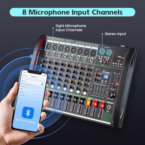 Image of Audio Mixer 8 Channel, Professional Music Sound Mixer Board with 48V Phantom Power, Digital DJ Mixing Console with Reverb USB Port Bluetooth for Recording Karaoke Podcasting