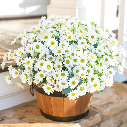 Daisy Artificial Flowers for Outdoors Decoration, 6 Bundles Fake Plants Flowers Bouquet Faux Flowers for Outdoor Planter Look Real UV Resistant Silk Flowers for Outside Front Door Porch Patio, White