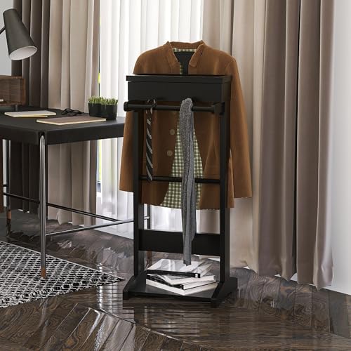 Image of Wooden Valet Stand Clothes with Shoe Shelf, Coat Hanger and Hat Rack, Mens Valet Stand with Storage Organizer, Display Free Standing, Black