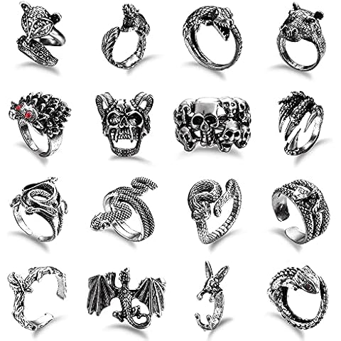 Kakonia 16Pcs Gothic Open Rings Set for Men Women Punk Adjustable Snake Dragon Claw Animal Rings Vintage Goth Skull Rings Indie Aesthetic Cover