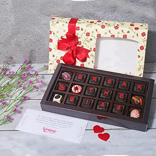 Image of Velevt Fine Chocolates Women's Day Gift Hamper Pack for Ladies, Employees, Mom, Wife, Daughter, Girlfriend | 18 Assorted Dark & Milk Chocolates Gift Pack with Greeting Card