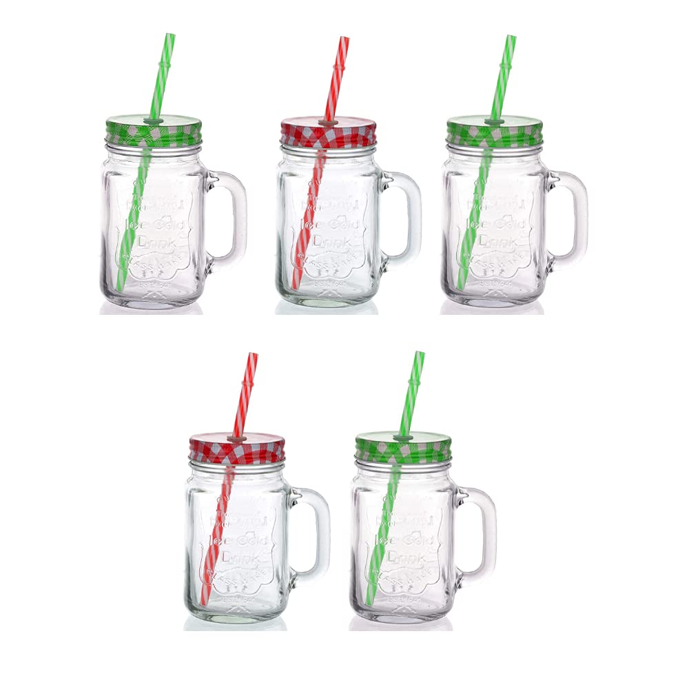 Kosh Mason Jar With Lid And Straw For Drinks, Beverages Fruit Juice Glass Airtight Frosty Jar with Handle Mason mug Jars set with Lid and Reusable Straw (Random Color, Clear, 450 ml) (5 PC)