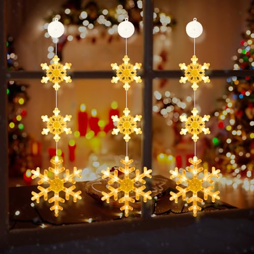 Ulikey Weihnachtsbeleuchtung Fenster Innen, 3 Stück Warmweiß Batteriebetrieben Fensterbeleuchtung Weihnachten, LED Lichtervorhang mit Saugnäpfe Timer, Weihnachten Deko Hochzeit Party (Schneeflocken)