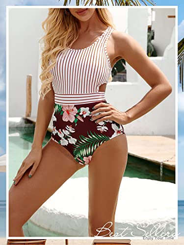 Molybell One Piece Swimsuits For Women High Waisted Bathing Suit Monokini Floral Print Cutout Racerback Zip Up Maroon Stripe -Small thumb #6