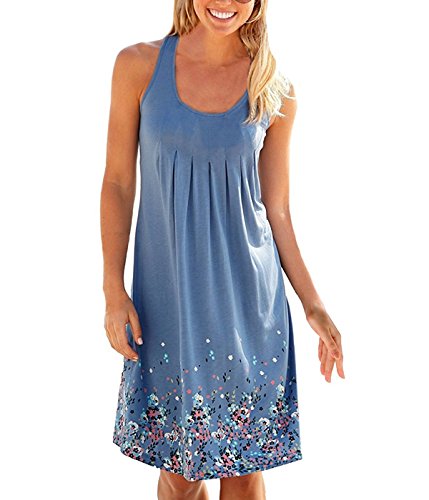 Women's Casual Loose Floral Mini Print Pleated Sleeveless Sundress A-Line Beach Dress Blue