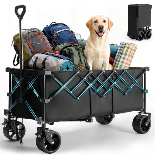 Image of DUMOS 49''L Collapsible Extended Wagon with 440LBS Capacity, Heavy Duty Wagons Garden Cart with All-Terrain Big Wheels & Drink Holders, 250L Foldable Carts for Sports, Shopping, Camping, Black