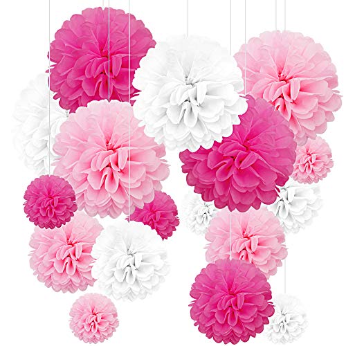 Pompon rose, 24 pcs Pompons Papier de Soie, pompons papier rose,Pompons boule, Pompons papier fleur rose,Pompons Papier de Soie Boule,Pompons anniversaire, Pompons pour mariage et fête
