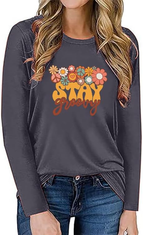 Vintage Fashion Shirt Women Floral Pattern Hippie Retro 70s Disco Peace Casual Long Sleeve Tops