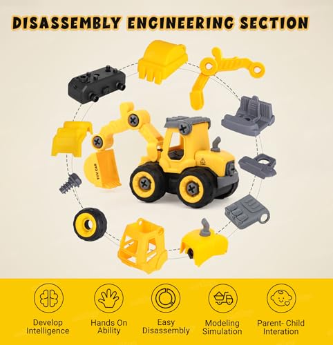Image of Zest 4 Toyz Construction Truck Toy for Kids Set of 4 Take Apart Vehicles with Screwdriver DIY Building Playset Toy for 3 4 5 6 Years Old Boys Girls (Yellow)