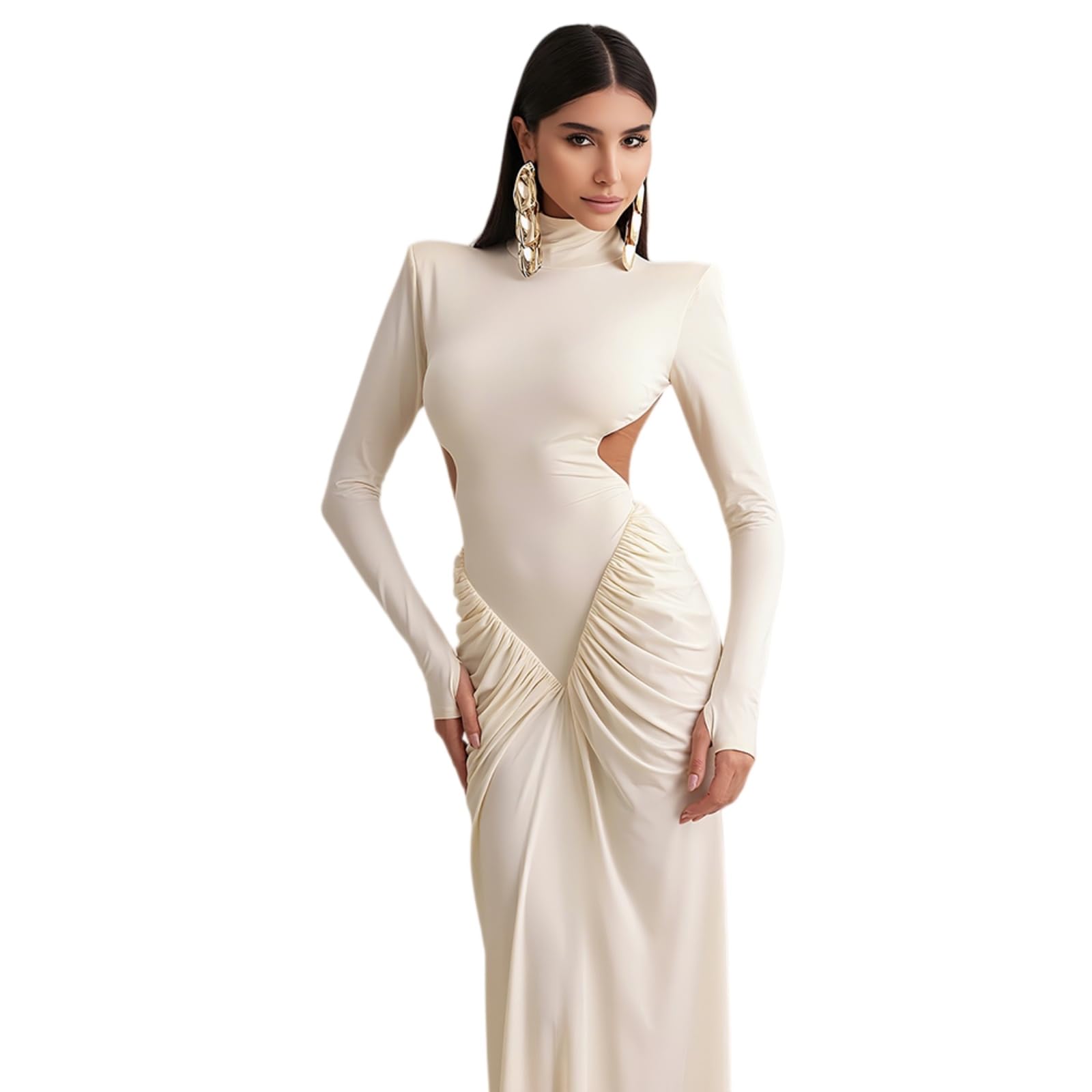 Vestito Abito Maxi Senza Schienale da Donna - Manica Lunga con Cuscinetti, Design Vita, Glutei di Pesca, Elegante E Slim Fit per Banchetti Eventi Serali-Pink-m