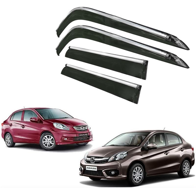 Image of CAR SAAZ Side Door Visors for Amaze Type 1&2 (2013-2016) (Set of 4Pcs)|Chrome Lined Rain Guards, Polycarbonate, Smoke Finish