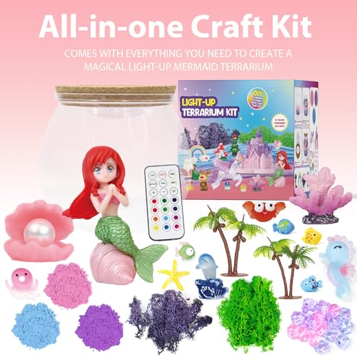 lonfypeng Mermaid Terrarium Kit for Kids - LED Night Light Birthday Gift for Girls Ages 4 5 6 7 8-12 Year Old - Toys for Girls - DIY Arts and Crafts Kit for Kids - Best Girls Presents (Mermaid)