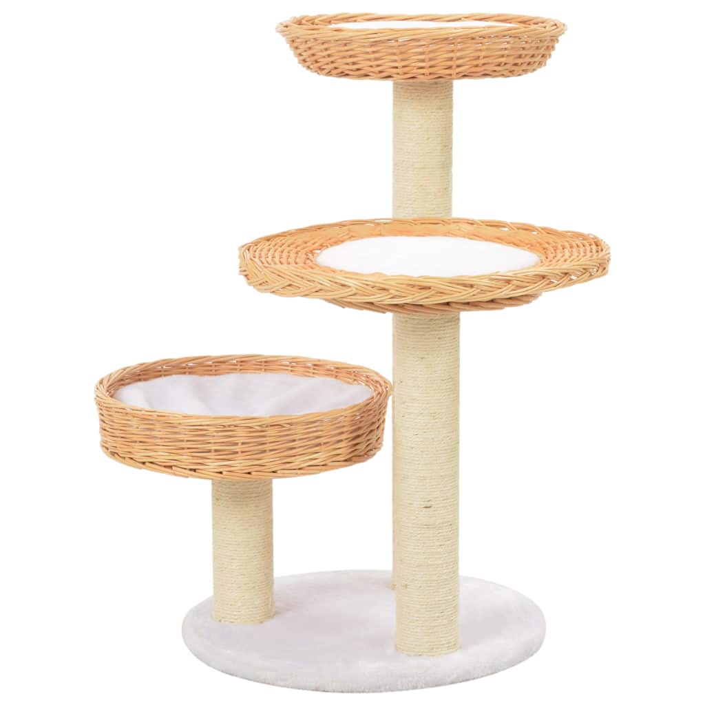 Kratzbaum für Katzen, handgefertigt, mit Sisal-Kratzbrett, natürliches Weidenholz, 3 Körbe für Nickerchen und abnehmbare Kissen, kompaktes Design zum Kratzen, Klettern und Sitzen