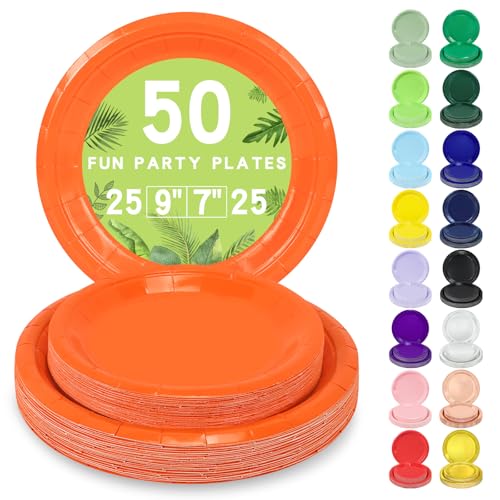 LANLISA 50 Orange Paper Plates Disposable Set Includes 25-9 & 25-7 Disposable Dessert Cake Paper Plates for Party Supplies