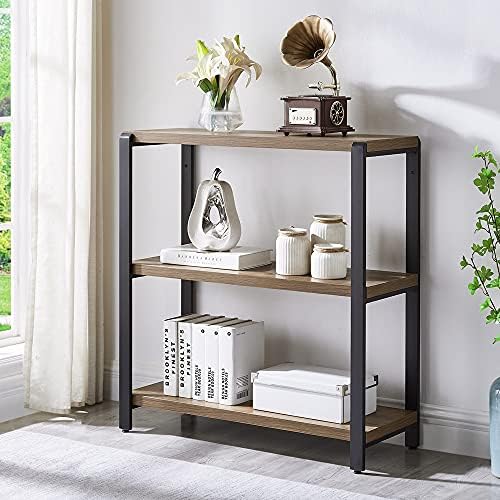 FOLUBAN 3 Tier Bookshelf, Industrial Bookcase and Book Shelves for Bedroom, Rustic Wood and Metal Shelving Unit for Office, Oak