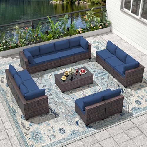 Image of 14 Pieces Outdoor Patio Furniture Set,Outdoor Sectional Furniture All Weather PE Rattan Wicker Patio Conversation Set with 2 Coffee Tables and 12 Thickened Cushions,Navy Blue