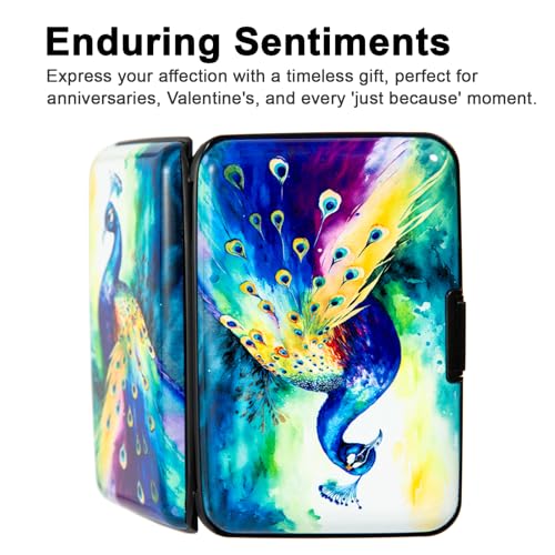 Image of Credit Card Holder Small RFID Blocking Wallet Business Metal Slim Mini Aluminum Hard Case for Women Men, Colorful Peacock, small, Minimalist, Compact, American