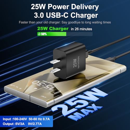 Image of 25W Type C Super Fast Charger,Fast Charger USB C with 2 Pcs 6FT Android Charger Cable Cord Suitable for Samsung Galaxy S25 /S24 S23 S22 S21 Ultra /S20 /S20 Ultra /Note 20 Ultra (25 W Black)