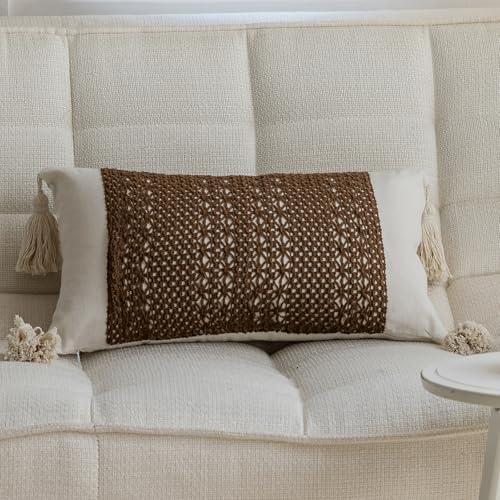 vctops Boho Cotton Linen Decorative Throw Pillow Covers with Tassels 12x20 Inch Soft Farmhouse Neutral Pillow Covers Accent Macrame Woven Brown Cushion Case for Couch Sofa Car (Brown Weave,12"x20")