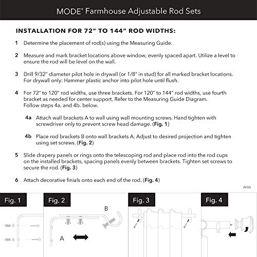 Mode Farmhouse Collection 1 1/8" Diameter Curtain Rod Set With Porch Doorknob Curtain Rod Finials And Steel Wall Mounted Adjustable Curtain Rod, Fits 72” To 144” Windows, Weathered Black #TOP7