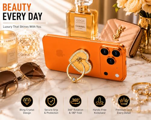 Image of Mizi 2Pack Bling Heart Phone Ring Holder Stand, 360 Rotating & 180 Foldable Finger Grip Kickstand with Strong 3M Adhesive, Zinc Alloy Phone Ring-Smartphones & Tablets, Sparkly Diamond Design - Gold