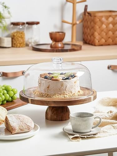 image for Kanwone Acacia Wood Cake Stand with Acrylic Lid - 12in Cake Plate, Mul