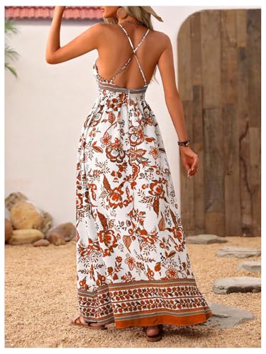 Image of MakeMeChic Women's Boho Maxi Dress Summer Luau Outfits Beach Wedding Guest Backless Sundress Flowy Resort Wear