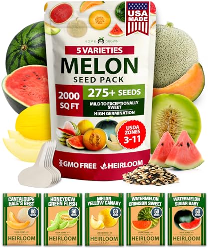 HOME GROWN 𝗨𝗦𝗔 𝗣𝗥𝗘𝗠𝗜𝗨𝗠 Melon Seeds Variety Pack 5 𝗡𝗢𝗡-𝗚𝗠𝗢 Heirloom Vegetable Seeds, Watermelon Cantaloupe Honeydew Sugar Baby & Melon, High Germination for Planting Home Garden Indoors