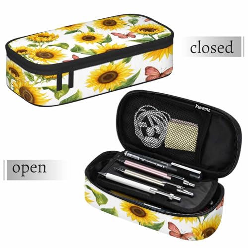 Image of Sunflowers Pencil Case Organizer Butterflies Bright Summer Flowers Stationery Box Makeup Box School Supply for Boy Girl Men Women