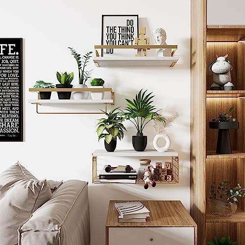 Floating Shelves With Storage Basket, Bathroom Shelves Over Toilet Paper Holder Storage Shelves, Wall Mounted Rustic Wood Shelves For Bathroom, Bedroom, Living Room, Kitchen(White, Set Of 3) #TOP3