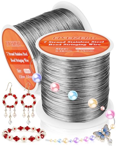 FIVEIZERO 0.3mm 7 Strand Stainless Steel Beading Wire 656 ft 2 Rolls Jewelry Wire for Jewelry Making Nylon Coated Seed Bead Stringing Wires -Threading Necklace Bracelet Crafts Silver 0.12in