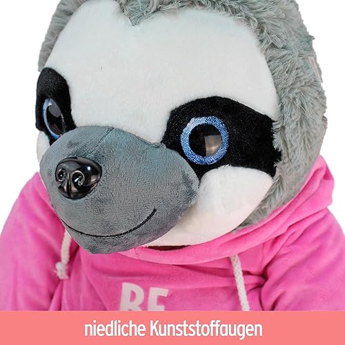 BEMIRO Riesen Faultier Kuscheltier - 100 cm Be Happy rosa, Kuscheltier mit Pulli, Kletthände zum anhängen, Plüschtier mit Hoodie