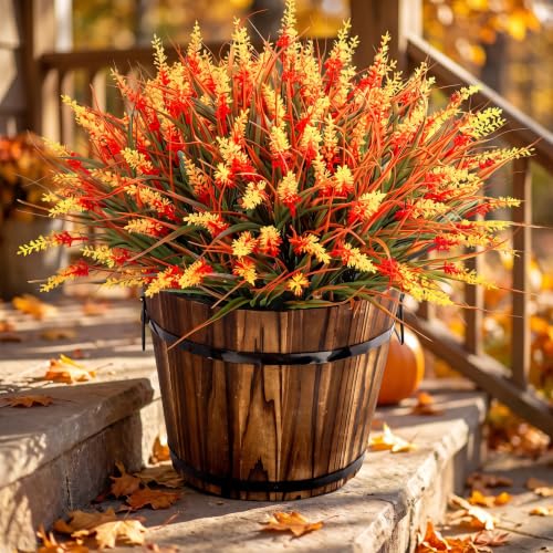 Image of Bassion 24 Bundles Fake Lavender Artificial Fall Mums Flowers for Outdoors | UV resistant, plastic flowers, faux lavender with monkey grass, porch garden planters window box autumn home decorations