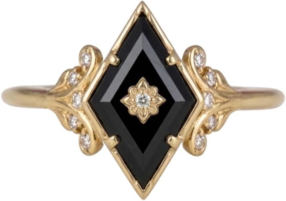 10K/14K/18K Gold Black Onyx Vintage Engagement Rings for Women,Heart/Oval/Round/Marquise/Emerald-Cut Art Deco Wedding Promise Anniversary Ring for Her Wife Bridal Size 4~12