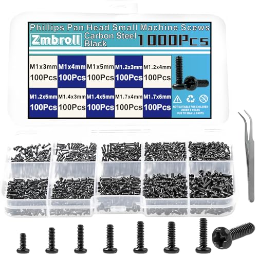 Zmbroll 1000個 小型マイクロリペアスクリュー メトリック M1/M1.2/M1.4/M1.7 ブラック カーボンスチール フィリップス パンヘッド 小型 小ネジ 眼鏡、時計、時計、携帯電話用