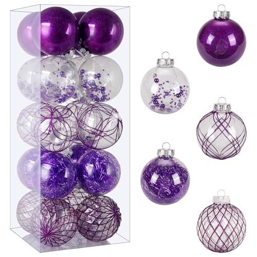 Esferas, Home Improvement Juego de adornos de bolas de Navidad, 20 unidades, grandes, transparentes, inastillables, 8 cm, adornos de Navidad morados para decoración de árbol de...