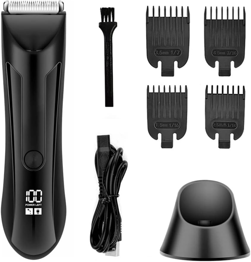 Necomi® Body Hair Trimmer and Electric Shaver - Waterproof Groin Hair Trimmer for Men Ball Shaver USB Charging Dock Replaceable Ceramic Blade, Groomer Kit for Men
