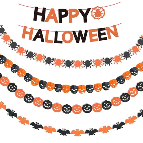 LIANRISES 5 peças grinalda de Halloween, pendentes de papel de colocar, kit de decoração para Halloween, aranhas, cubaratas, abóboras, morcegos, reutilizáveis, para interiores, exteriores