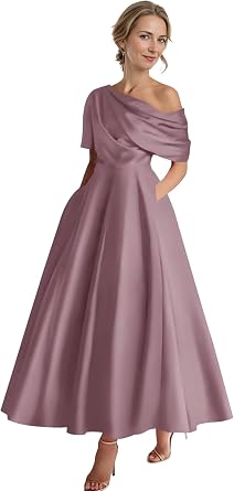 Tea Length Mother of The Bride Dresses for Women - Satin One Shoulder Formal Evening Dress with Pocket