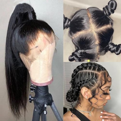 MOMOSHERO Stragiht Full Lace Wigs Human Hair Pre Plucked Natural Hairline, 12A 180% Destiny Free Part HD Transparent Whole Lace Wig, 100% Human Hair Full Scalp Wigs 8 Inches Natural Black