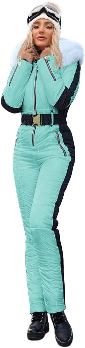 Zwurew Womens Winter Ski Suit Outdoor Sports Waterproof Snowsuit Fur Collar Ski Jumpsuit Coat