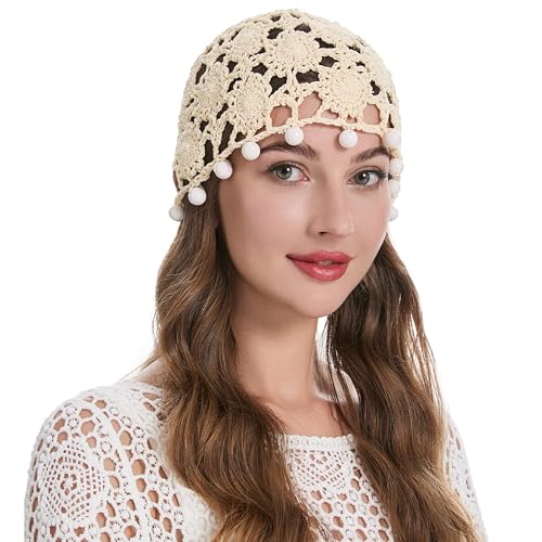 ZLYC Women Cotton Crochet Skull Cap Handmade Knit Cutout Floral Beanie Hat (Bead Beige)