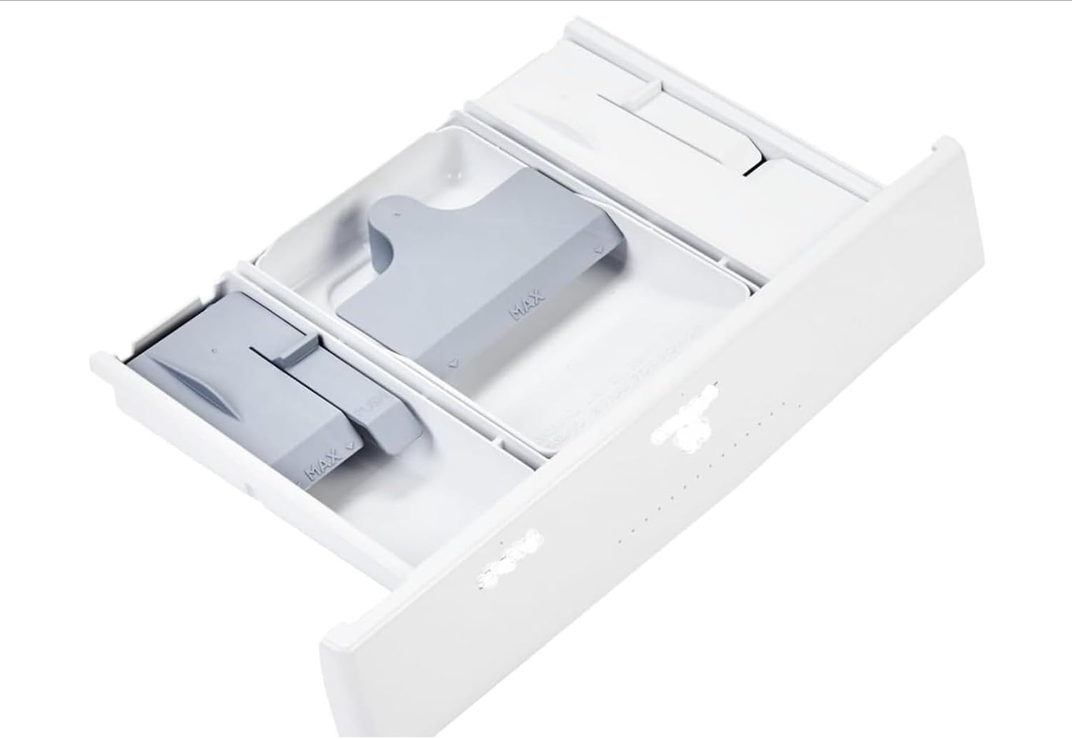 White washer dispenser drawer with gray inserts